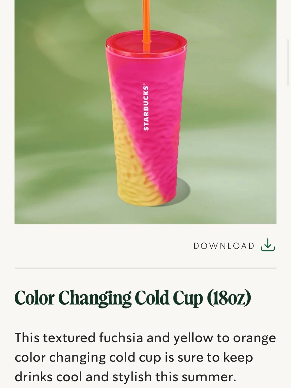 Starbucks Summer 2025 Color Changing Textured 18 Oz Glass Cup Pink and Yellow